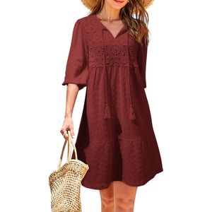 Dokotoo Burgundy V Neck Drawstring Embroidered Half Sleeve Boho Dress Size L NWT